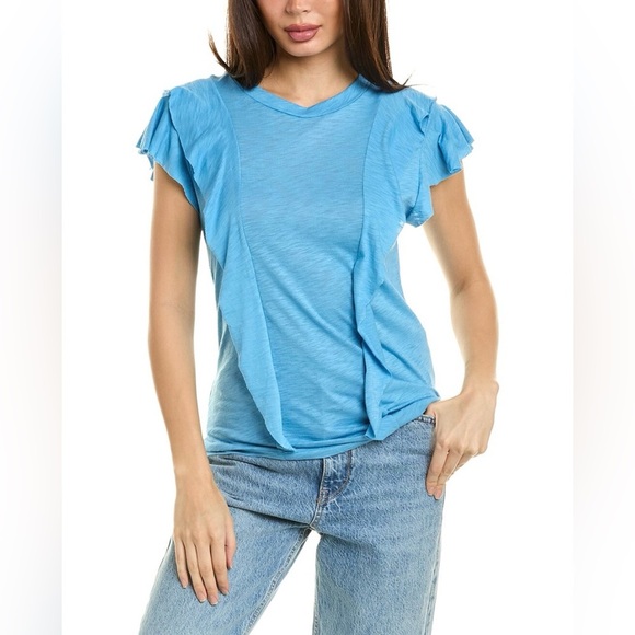 ELAN EUC Sz M Blue Ruffle Sleeve Top - Picture 1 of 2